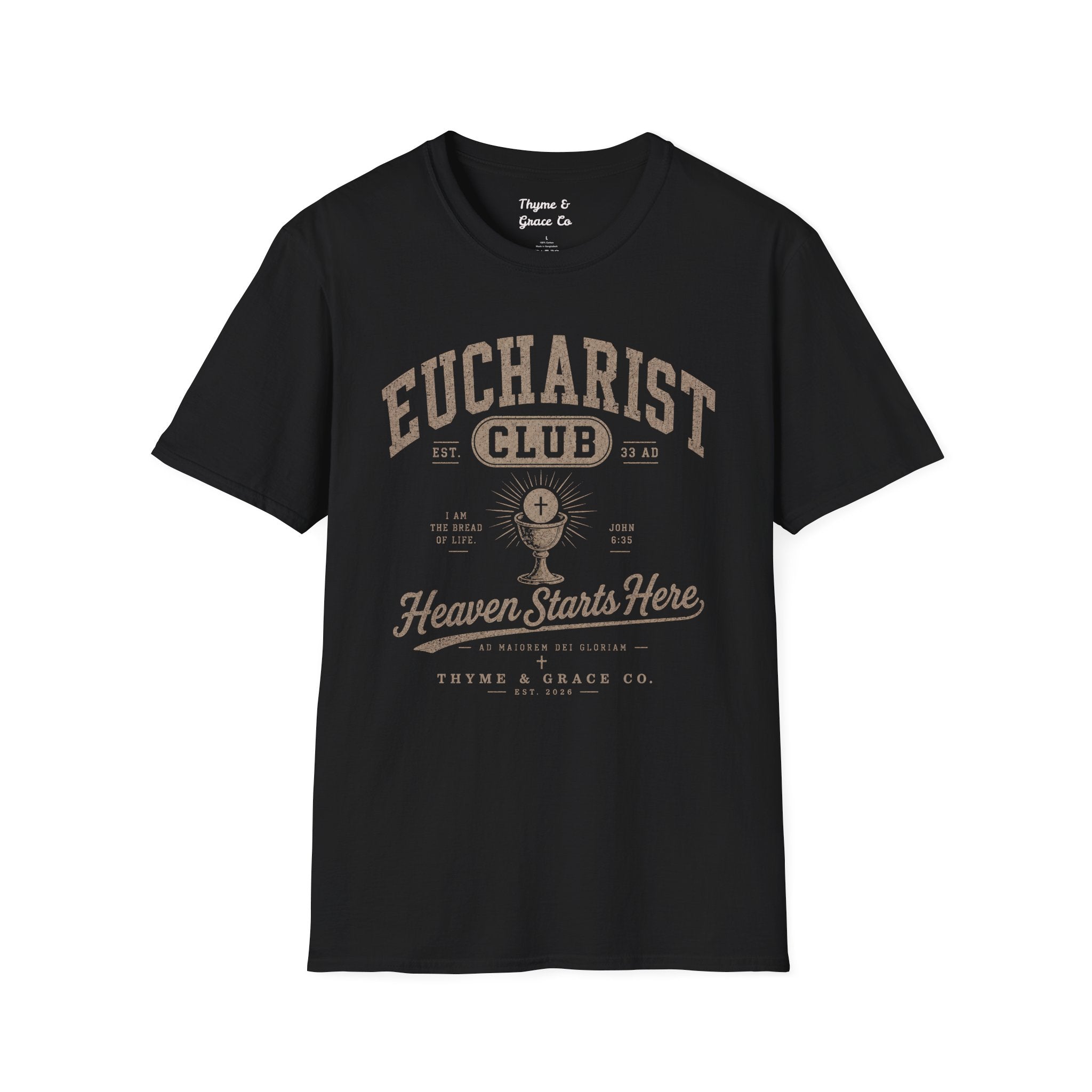 Eucharist Club T-Shirt — "Heaven Starts Here" Catholic Faith Tee