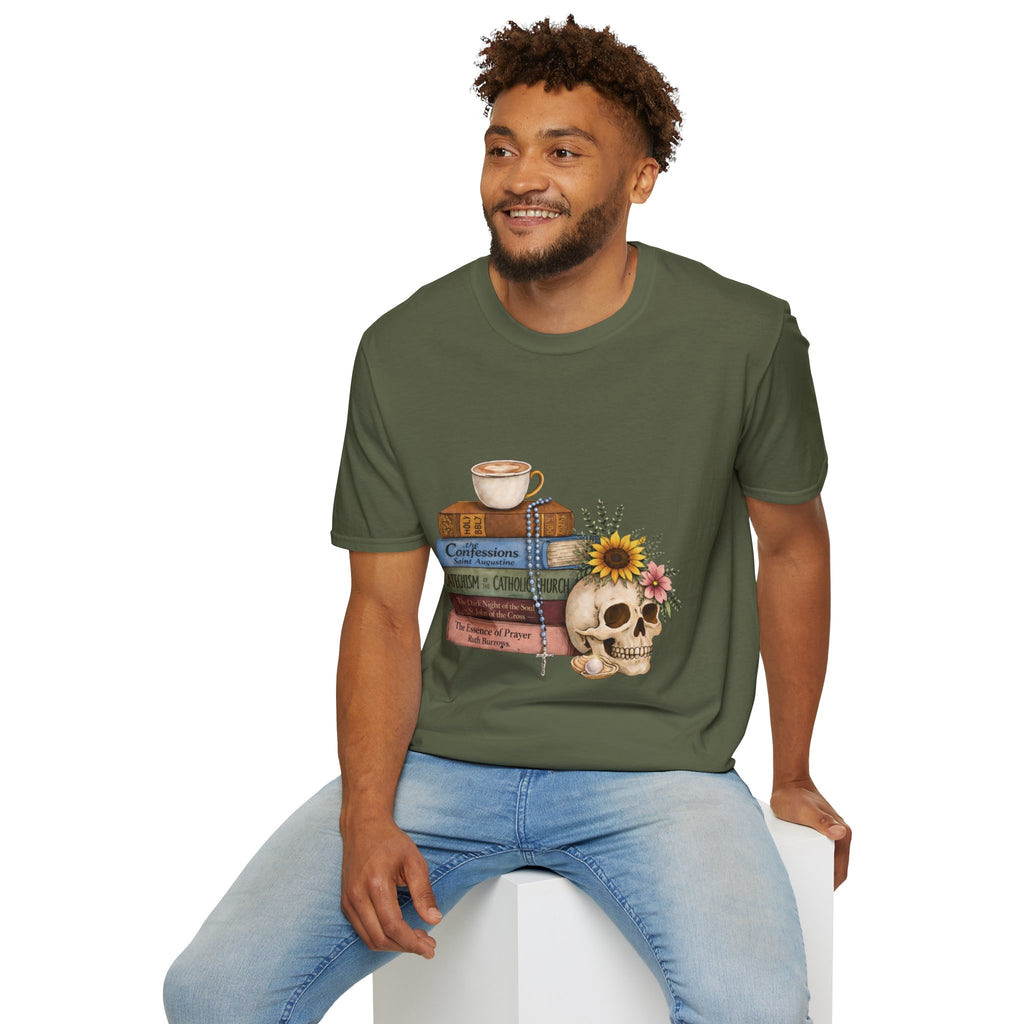 Skull & Books Graphic T-Shirt — Coffee, Sunflower, Reading Vibes