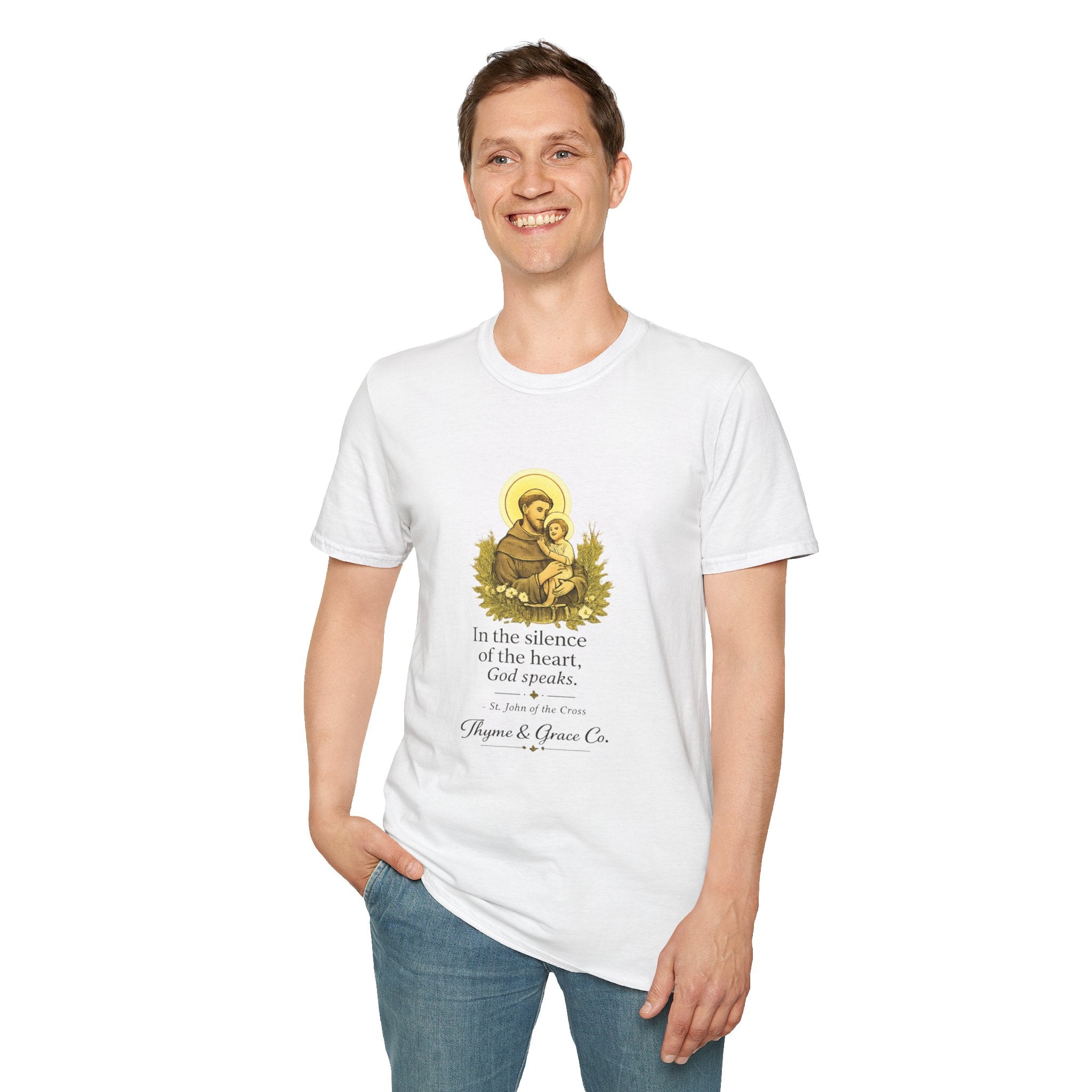 Religious T-Shirt — “In the silence of the heart, God speaks.” Saint John of the Cross Prayer Tee