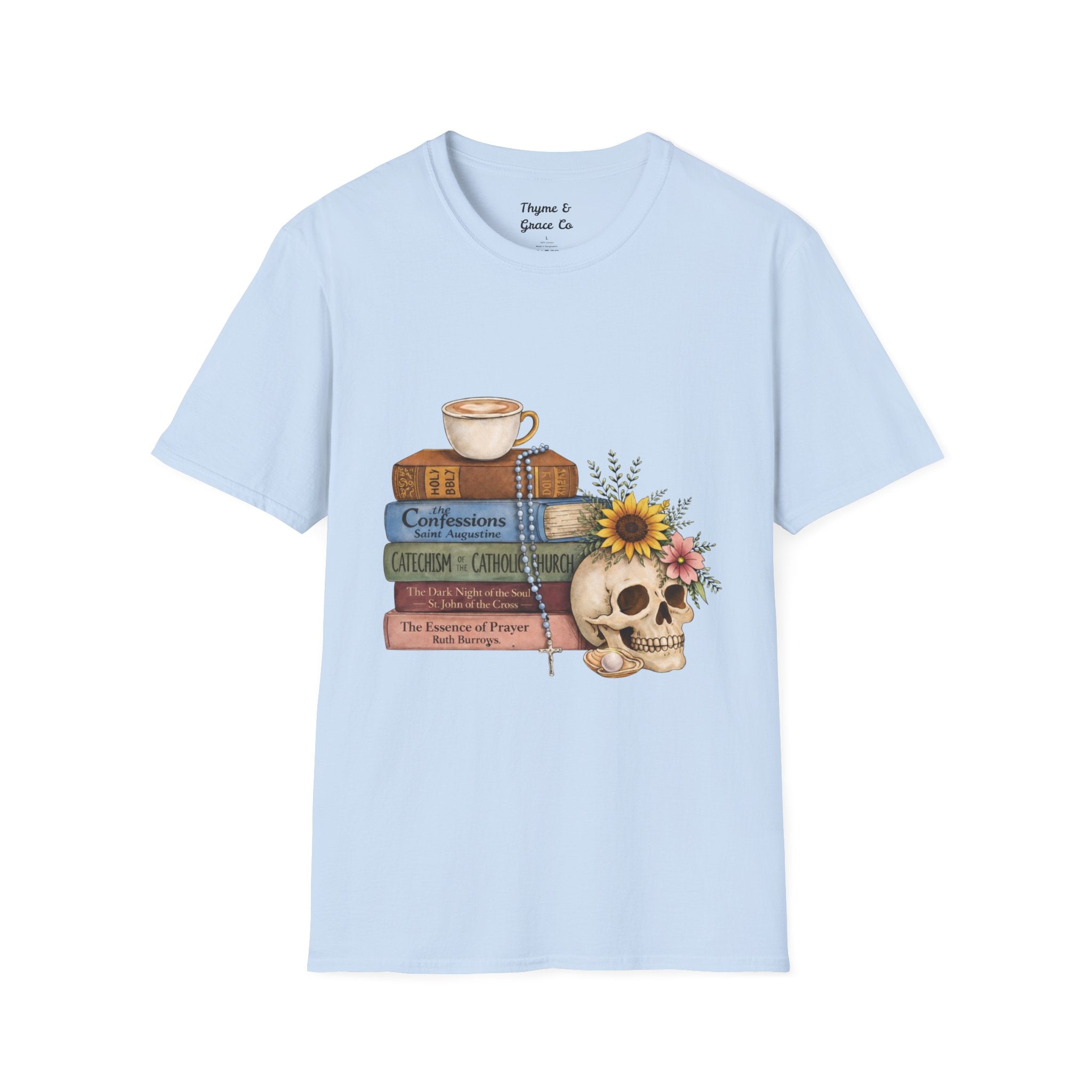 Skull & Books Graphic T-Shirt — Coffee, Sunflower, Reading Vibes