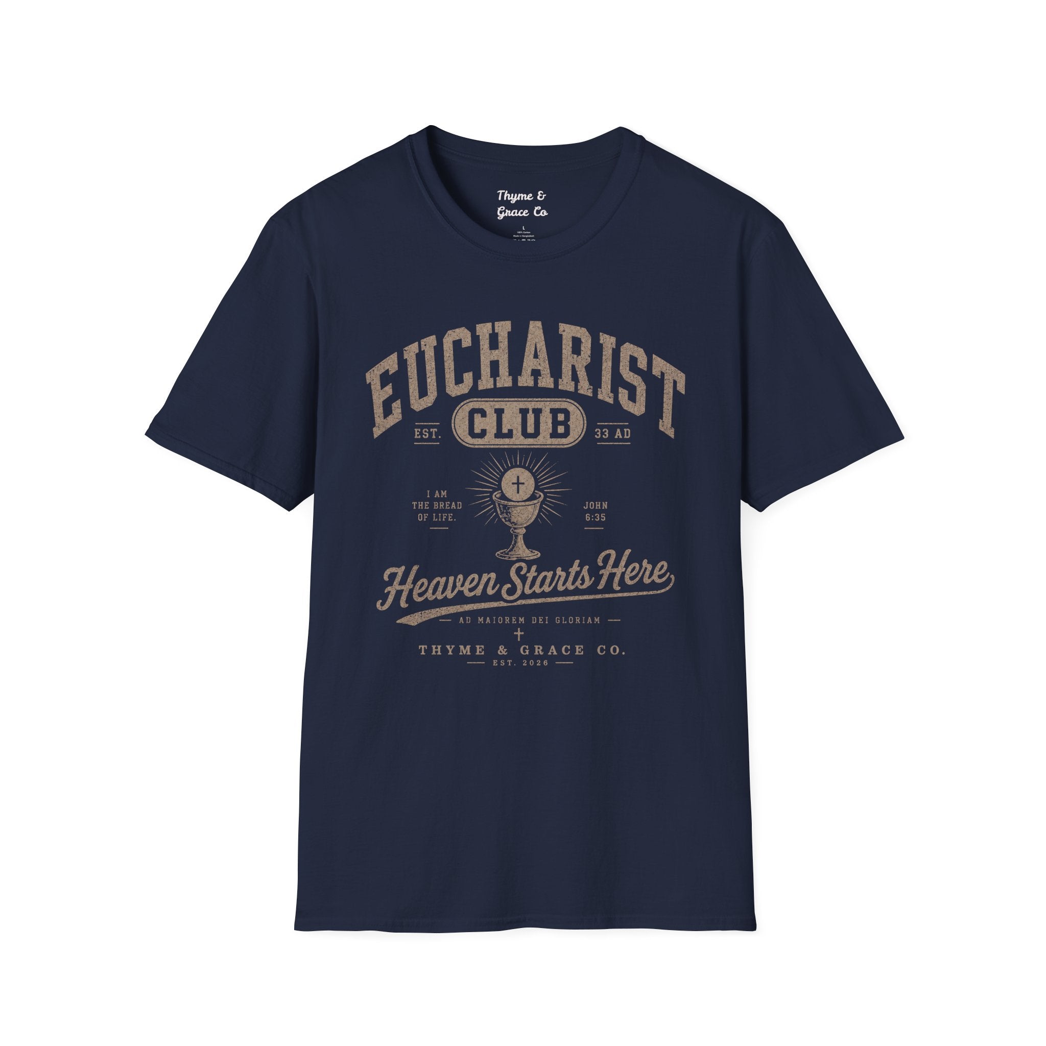 Eucharist Club T-Shirt — "Heaven Starts Here" Catholic Faith Tee