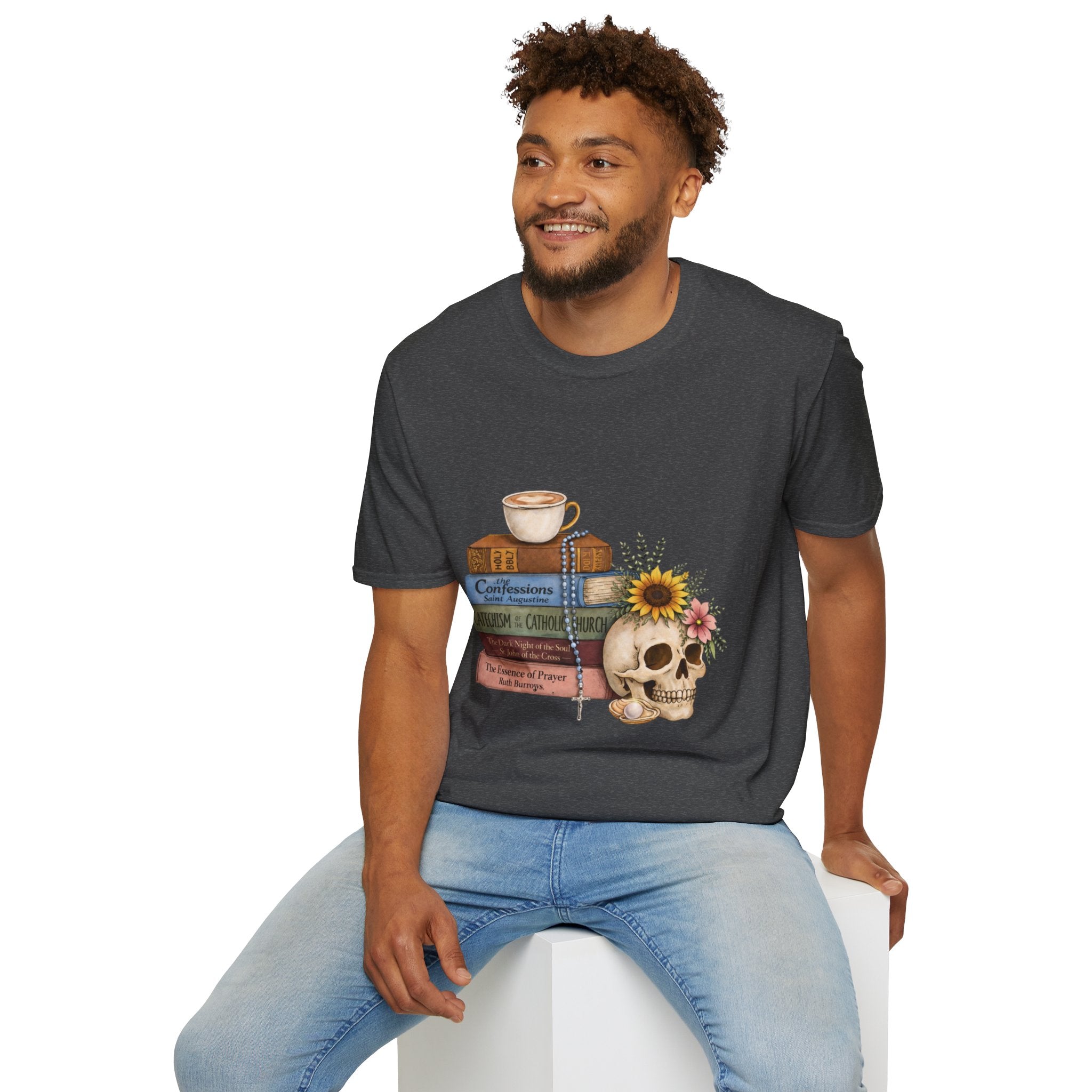 Skull & Books Graphic T-Shirt — Coffee, Sunflower, Reading Vibes