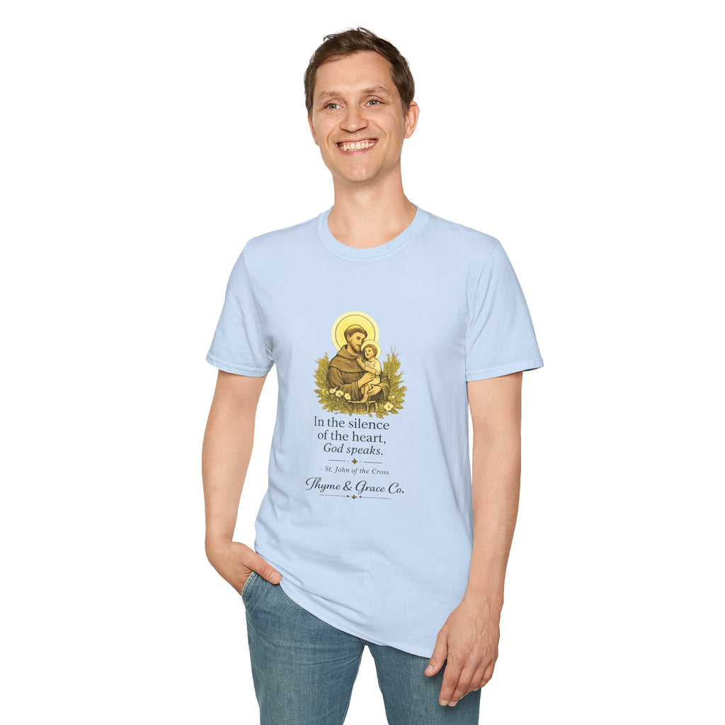 Religious T-Shirt — “In the silence of the heart, God speaks.” Saint John of the Cross Prayer Tee