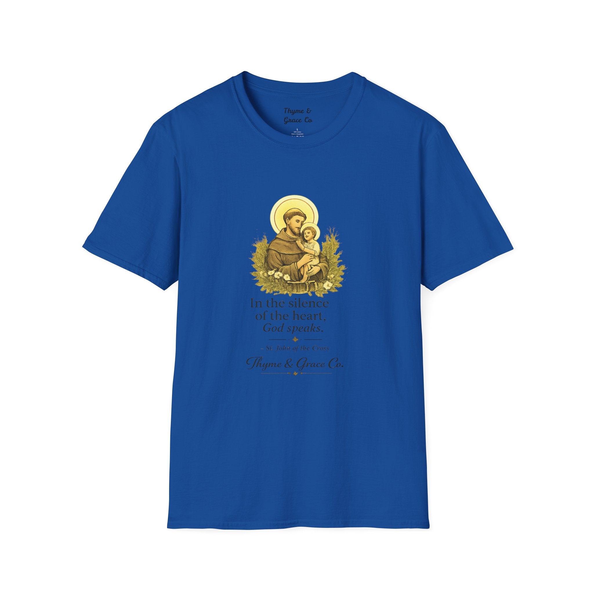 Religious T-Shirt — “In the silence of the heart, God speaks.” Saint John of the Cross Prayer Tee