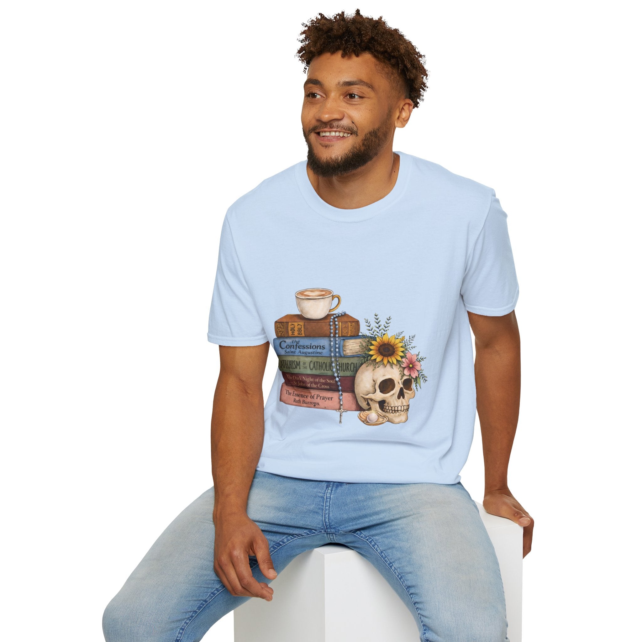 Skull & Books Graphic T-Shirt — Coffee, Sunflower, Reading Vibes