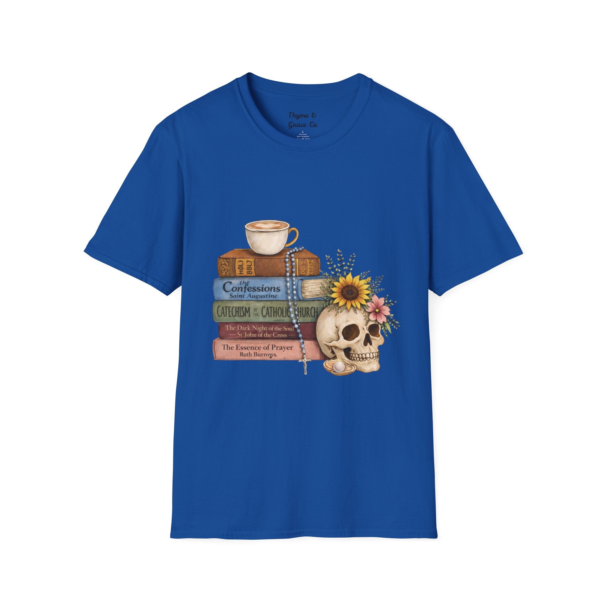 Skull & Books Graphic T-Shirt — Coffee, Sunflower, Reading Vibes